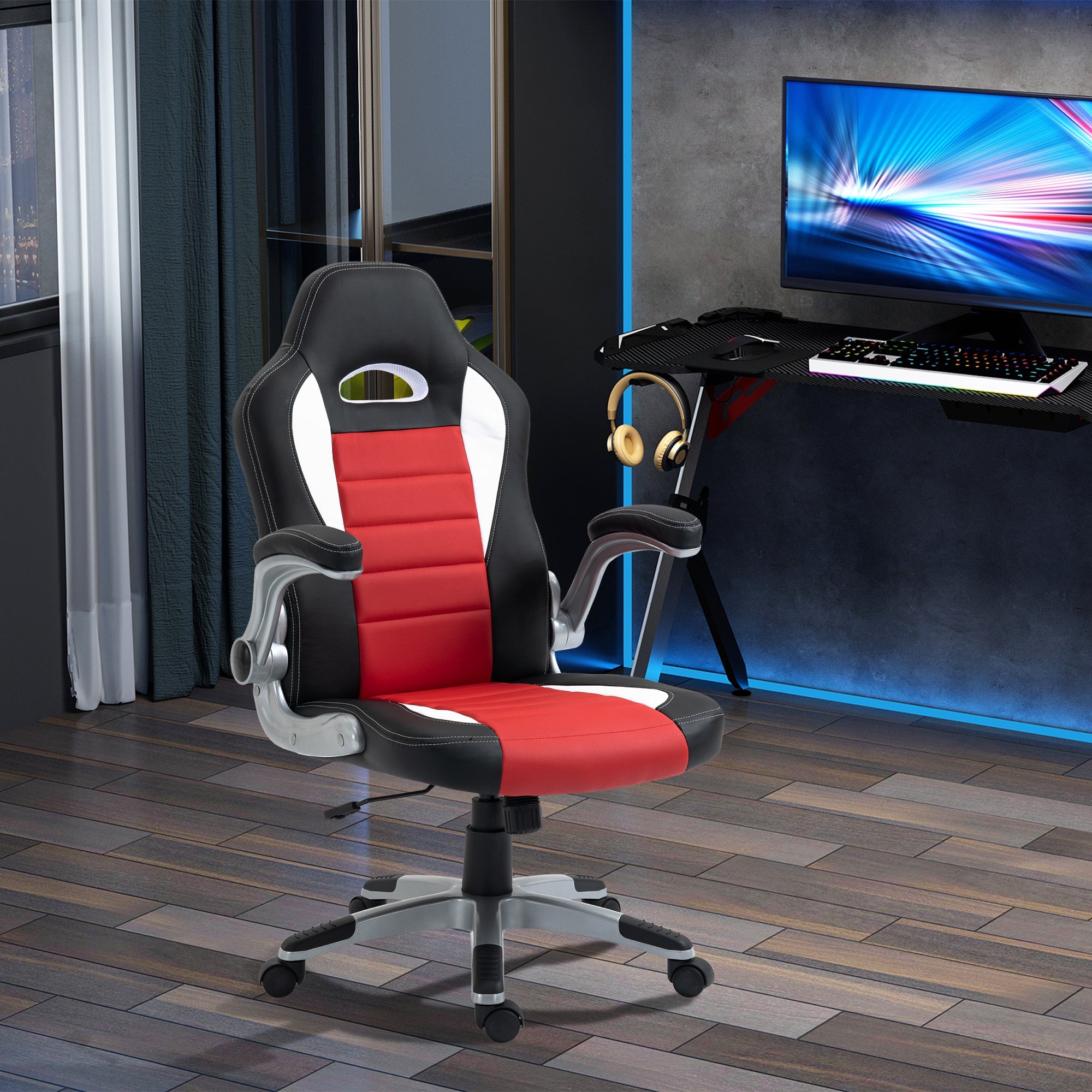 Racing Gaming Chair PU Leather Office Chair Executive Computer Desk Chair with Adjustable Height, Flip Up Armrest, Swivel Wheels, Red Video Game Chairs   at Gallery Canada