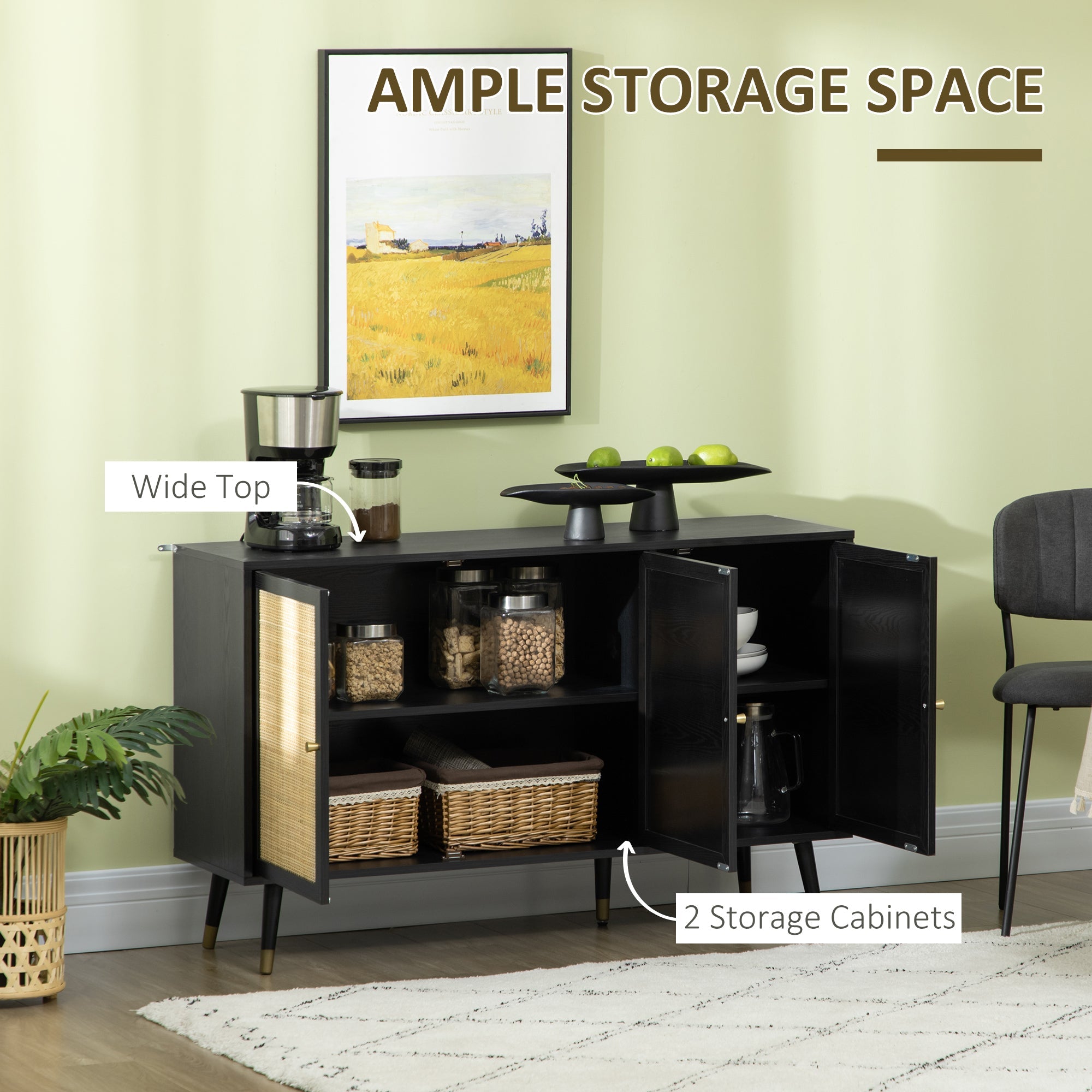 Boho Kitchen Sideboard, Rattan Door Buffet Cabinet with Storage Shelves and Wood Legs, Black Bar Cabinets   at Gallery Canada