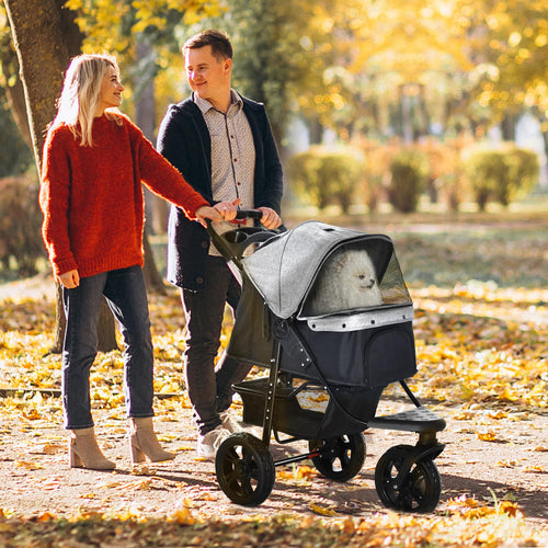 3 Wheel Folding Dog Stroller, Jogger Travel Carrier with Adjustable Canopy, Storage Brake, Mesh Window for S&;M Dogs Grey