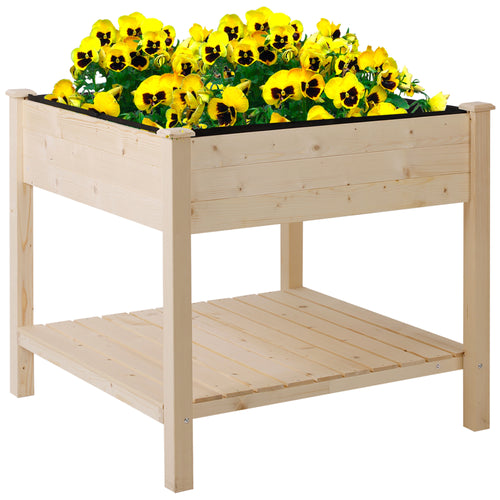35.75'' x 35.75'' Raised Garden Bed with Liner and Drainage Holes, Outdoor Wooden Elevated Planter Box with Legs and Storage Shelf, Garden Plant Stand Box