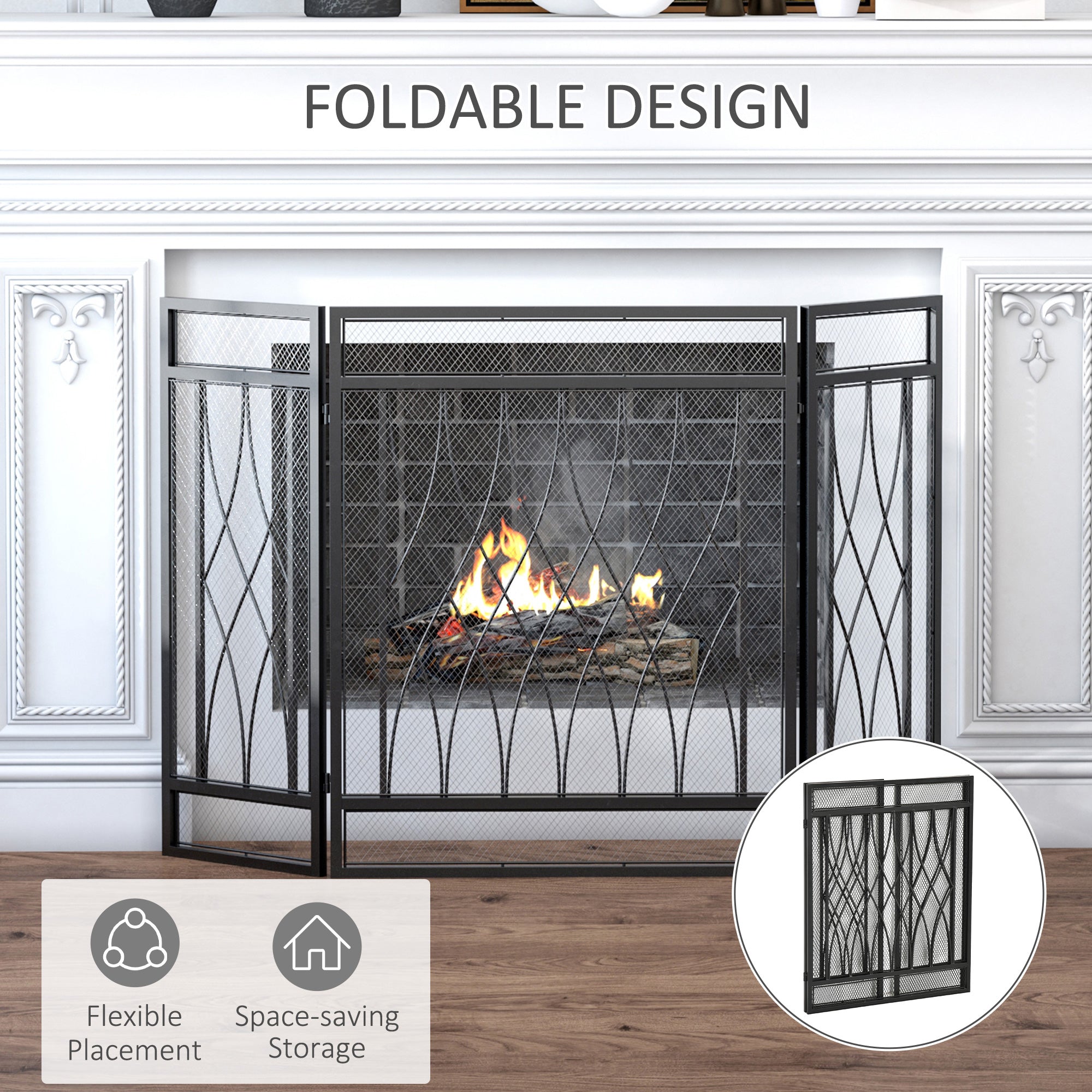 3-Panel Metal Mesh Fireplace Screen, Decorative Fire Spark Guard Cover, 49.5