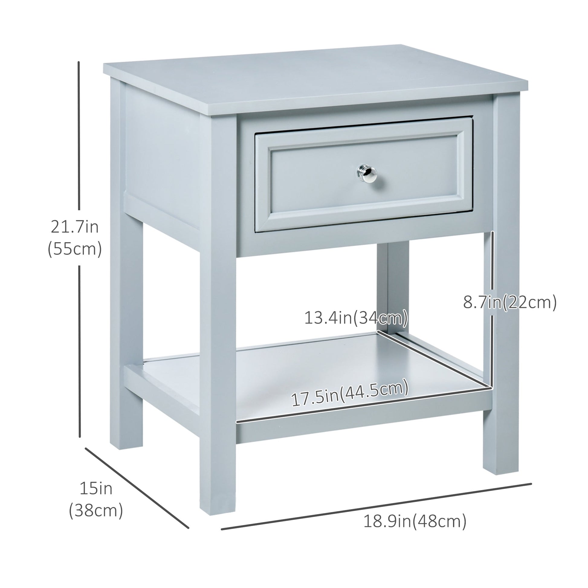 Accent End Table Nightstand with Grey Tabletop, Storage Drawer, and Bottom Shelf, Grey Side Tables Grey  at Gallery Canada