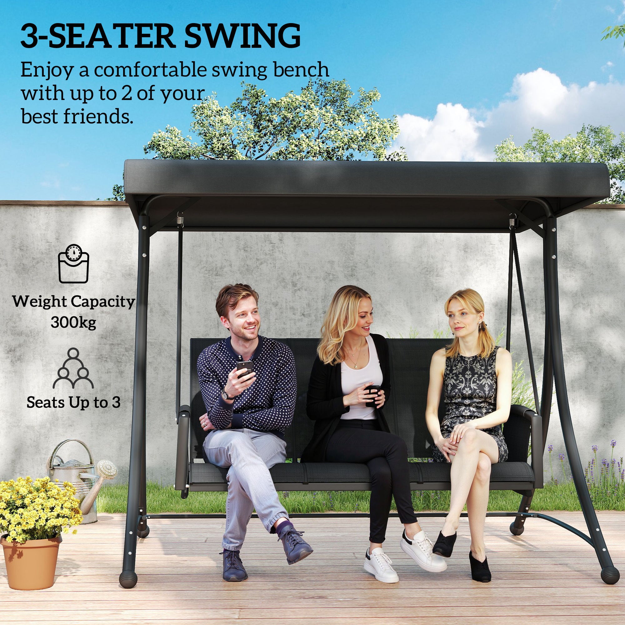 3 Person Outdoor Porch Swing Chair with Adjustable Canopy, Black Porch Swings with Canopy at Gallery Canada