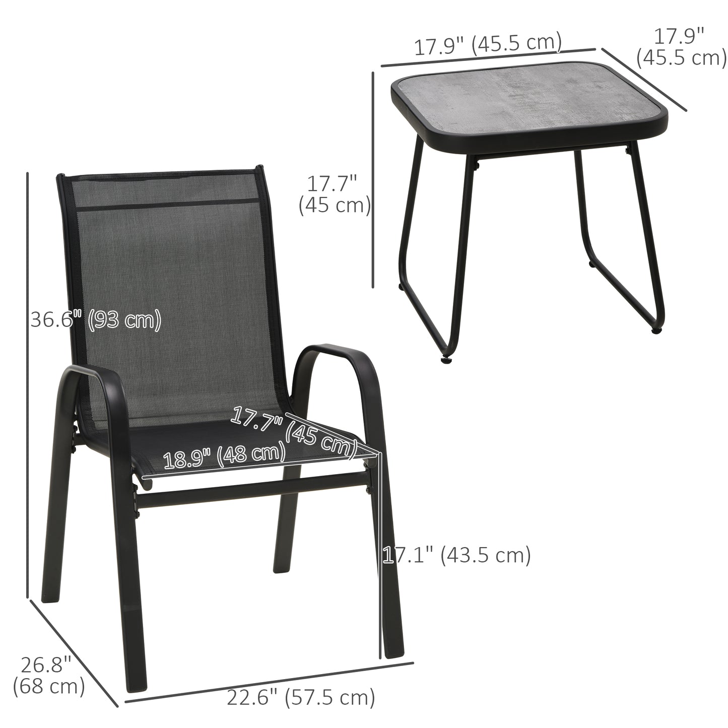 Outdoor Bistro Set of 3, 3 Piece Patio Set with Breathable Mesh Fabric, Stackable Chairs and Square Table, Black Bistro Sets   at Gallery Canada