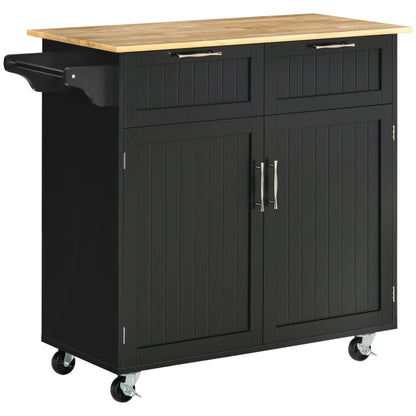 Rolling Kitchen Island with Storage Drawers, Modern Kitchen Cart with Rubber Wood Top, Cabinet &; Towel Rack, Black Kitchen Islands & Kitchen Carts Black  at Gallery Canada