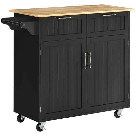 Rolling Kitchen Island with Storage Drawers, Modern Kitchen Cart with Rubber Wood Top, Cabinet &; Towel Rack, Black Kitchen Islands & Kitchen Carts Black  at Gallery Canada