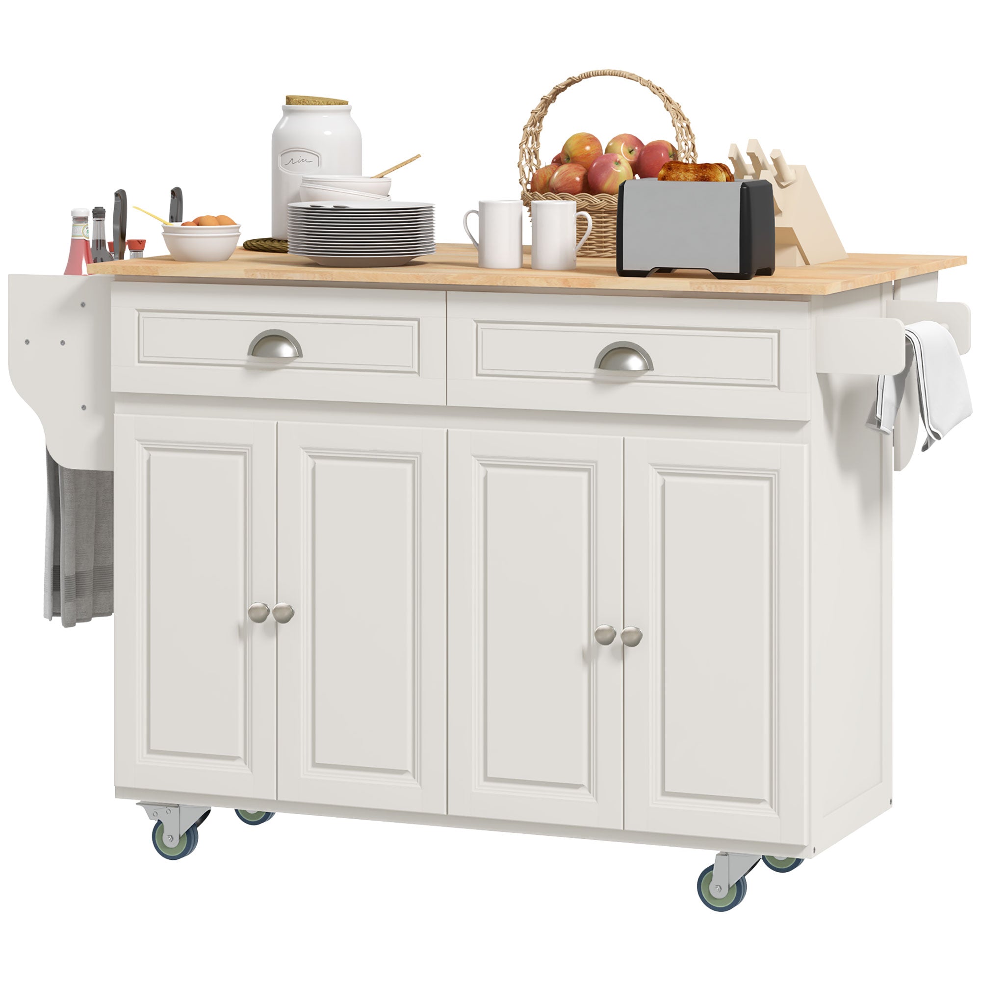 Kitchen Island with Storage, Rolling Kitchen Island with Drop Leaf, Rubber Wood Top and Adjustable Shelves, Cream White Kitchen Islands & Kitchen Carts at Gallery Canada