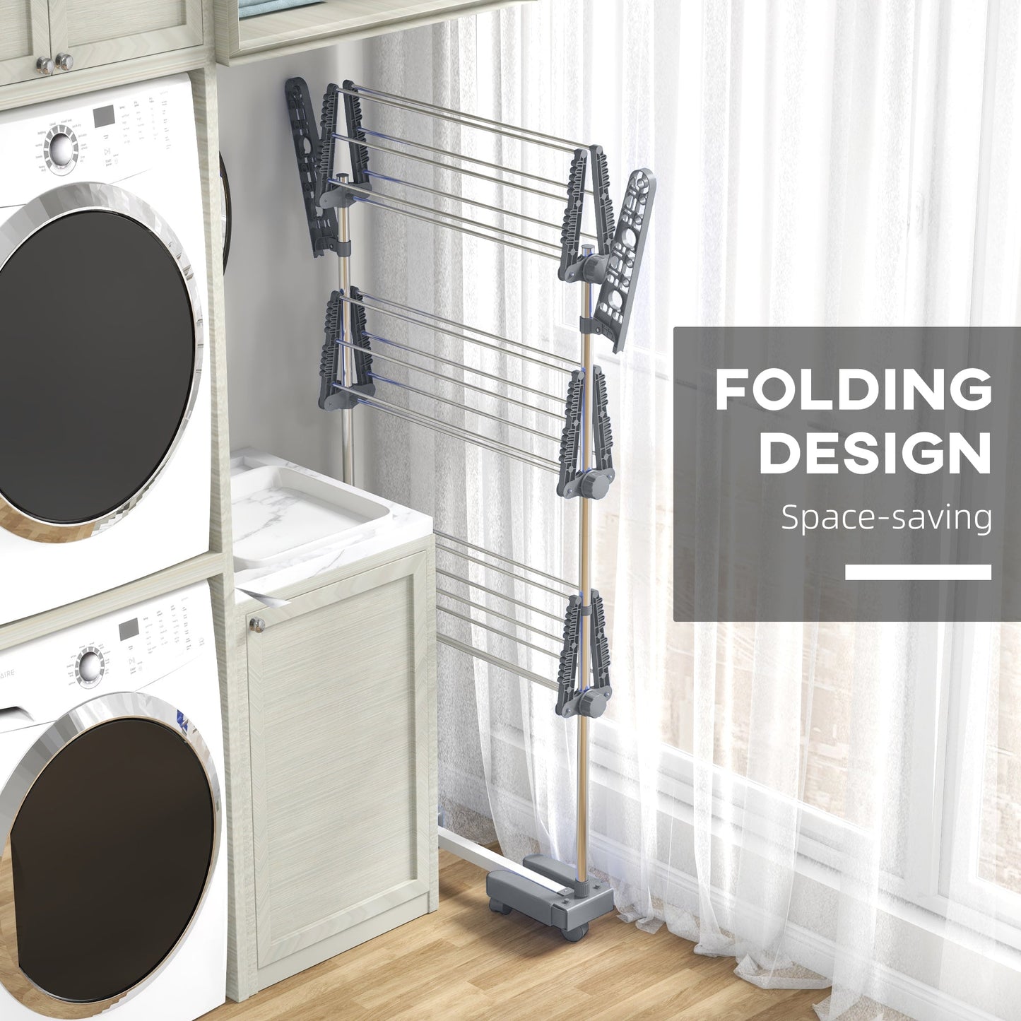 Stainless Steel 3-Tier Collapsible Clothes Drying Rack with Wheels, Grey Bath Accessories   at Gallery Canada