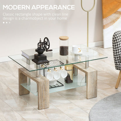 Rectangle Glass Coffee Table, 2-Tier Center Table with Tempered Glass Top and Storage Shelf for Living Room, Natural Coffee Tables   at Gallery Canada