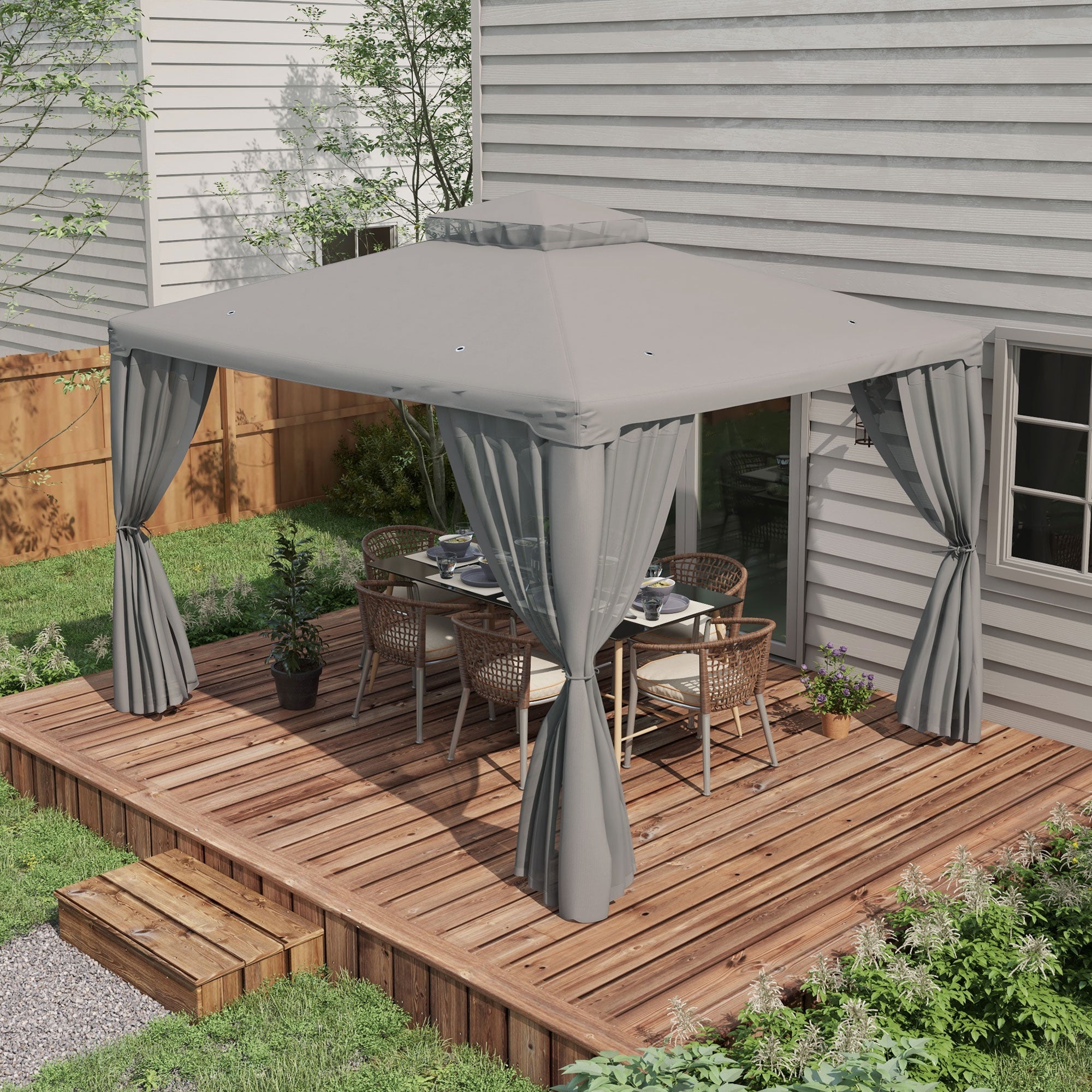 12' x 10' Patio Gazebo Outdoor Pavilion 2 Tire Roof Canopy Shelter Garden, Steel Frame w/ Mosquito Netting, Light Grey Gazebos at Gallery Canada