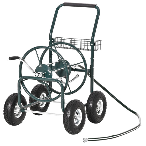 Garden Hose Reel Cart, Portable Hose Organizer with Hose Guide System, 4 Wheels &; Storage Basket for Yard, Garden, Farm