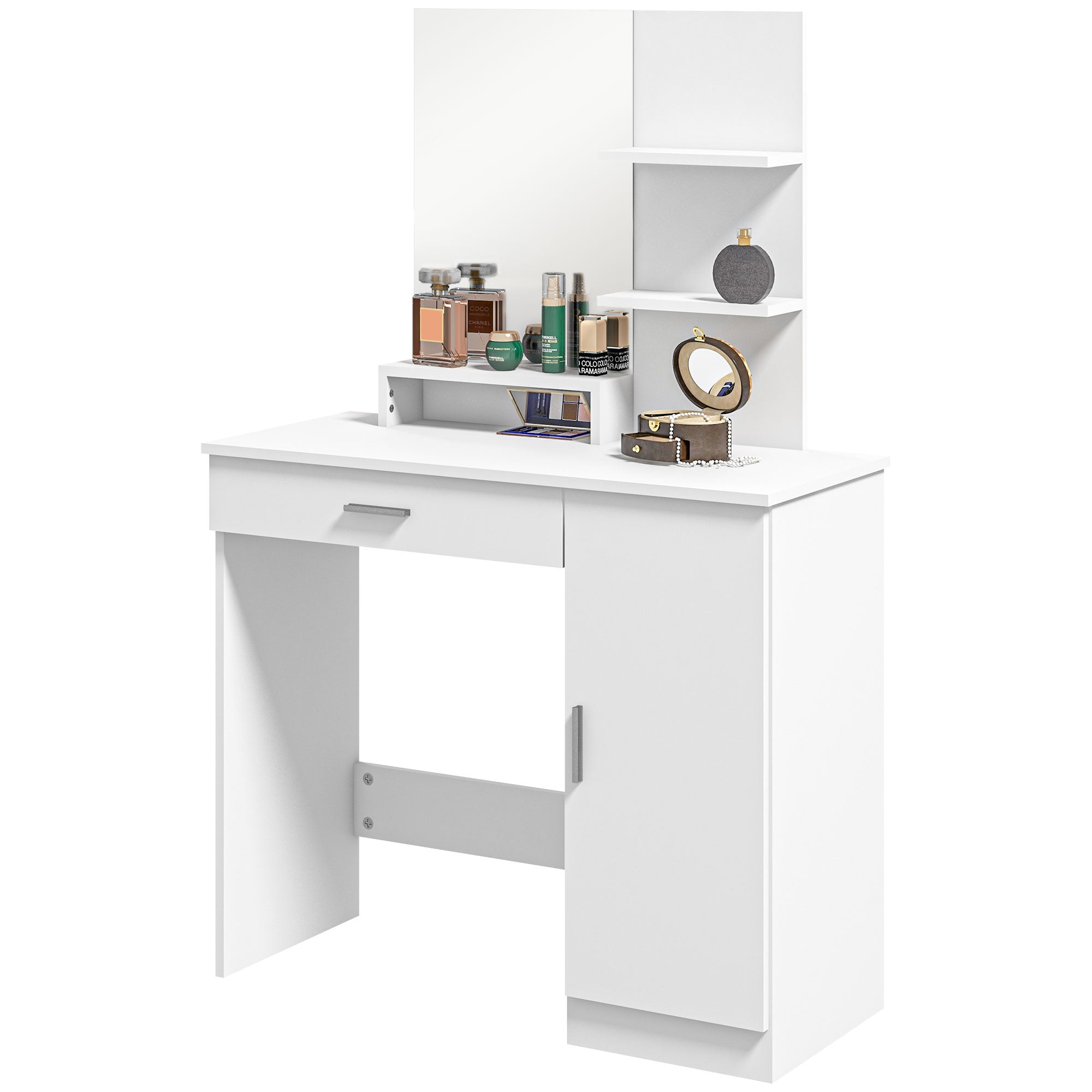 Dresssing Table, Vanity Table with Mirror, Drawer and Storage Shelves for Bedroom, 35.4