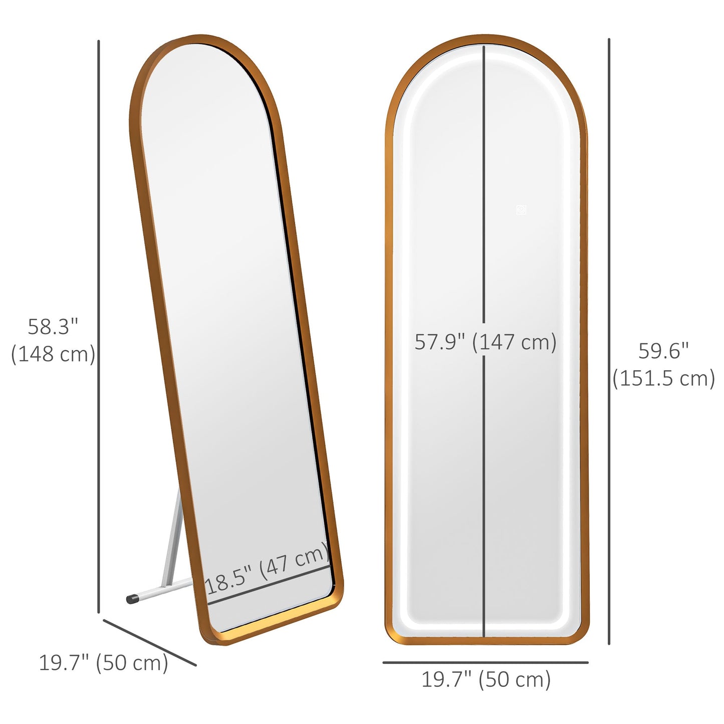 Standing Mirror with LED Lights, 58" x 20" Floor Mirror, Full Body Mirror with Dimmable and 3 Colour Lighting, Gold Full Length Mirrors   at Gallery Canada