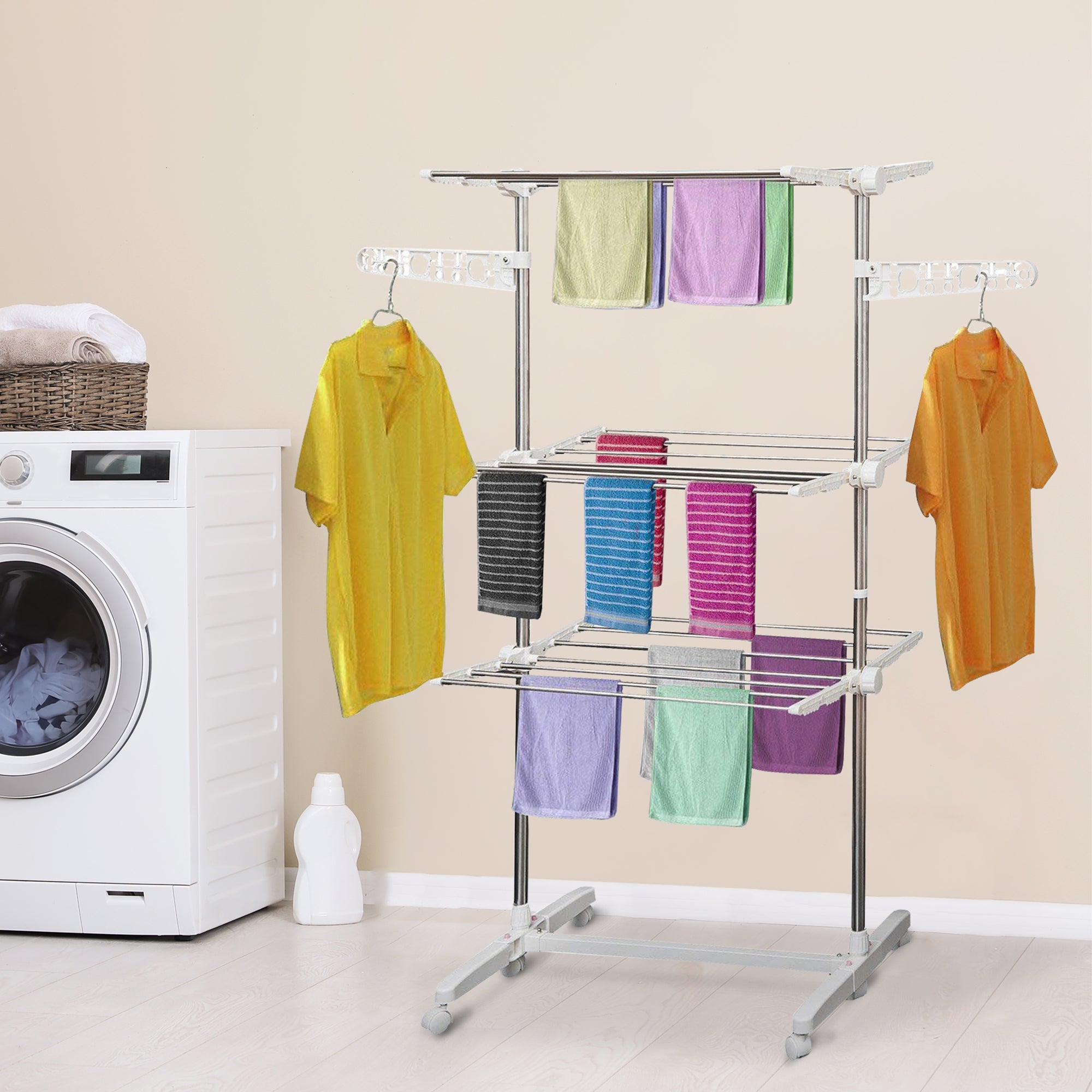 3-Tier Clothes Drying Rack, Stainless Steel Laundry Rack with 2 Side Wings and 6 Castors, Collapsible Adjustable Clothes Airer for Indoor Outdoor, White Bath Accessories at Gallery Canada