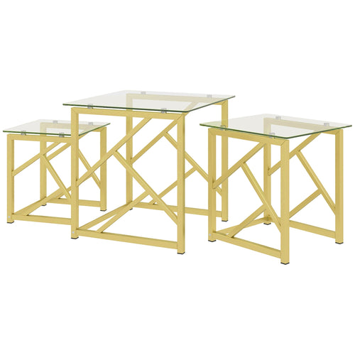 Glass Coffee Table Set of 3, Nest of Tables for Living Room with Tempered Glass Top and Steel Frame, Brushed Gold