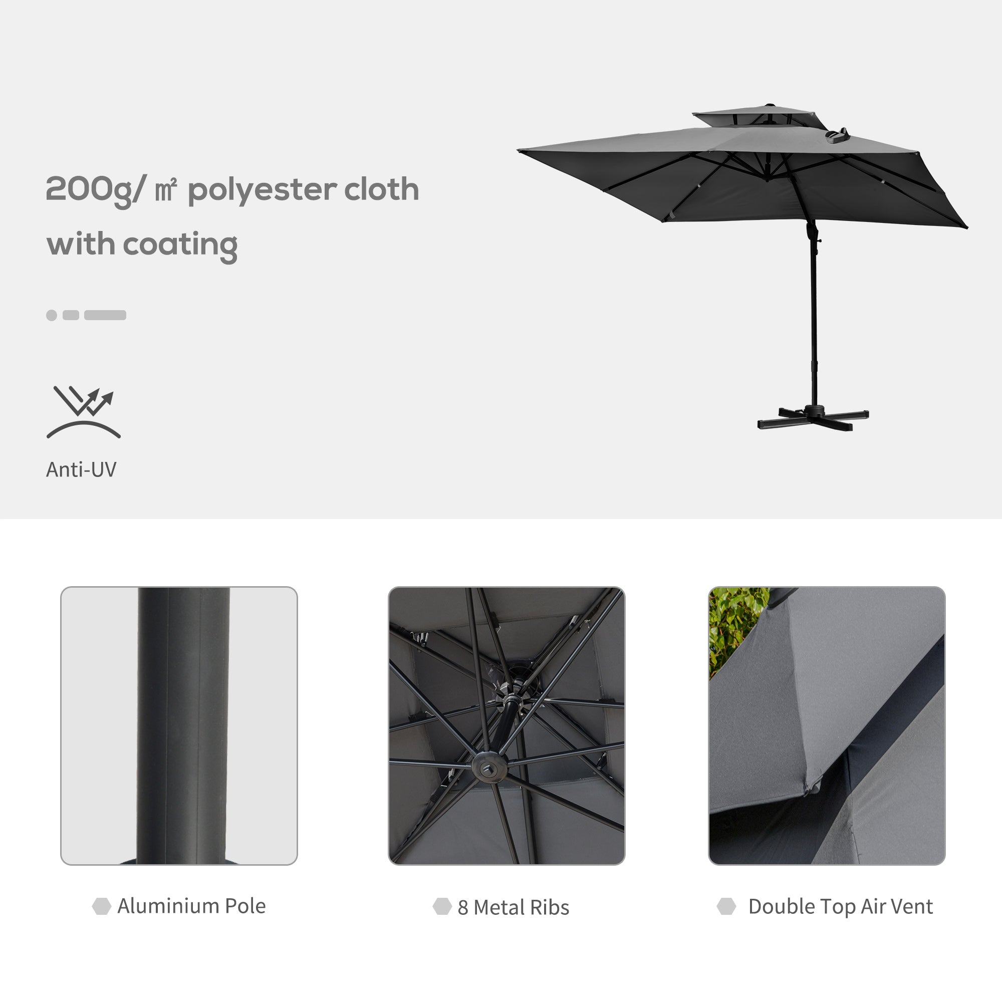 10' x 10' Cantilever Patio Umbrella, Double Top Square Offset Umbrella with 360° Rotation, 5 Adjustable Tilt Angles, Umbrella Cover, Aluminum Pole and Ribs, Charcoal Grey Cantilever Umbrellas at Gallery Canada