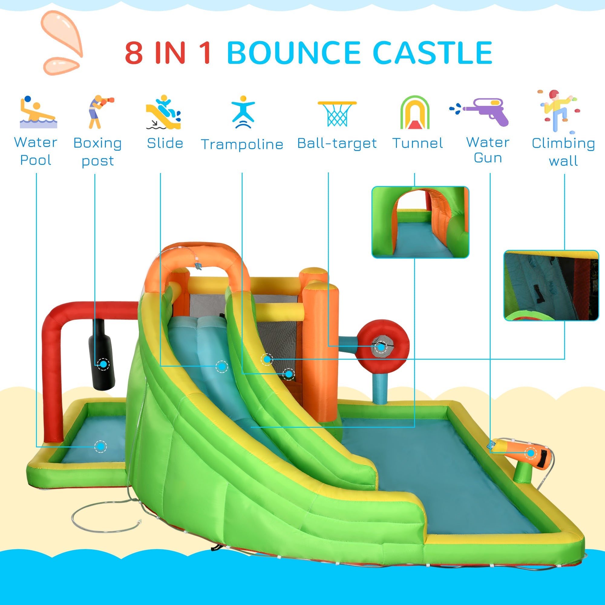 8-in-1 Inflatable Water Slide Bounce House with Pool, Trampoline, 750W Blower, Multi-Color Inflatables   at Gallery Canada