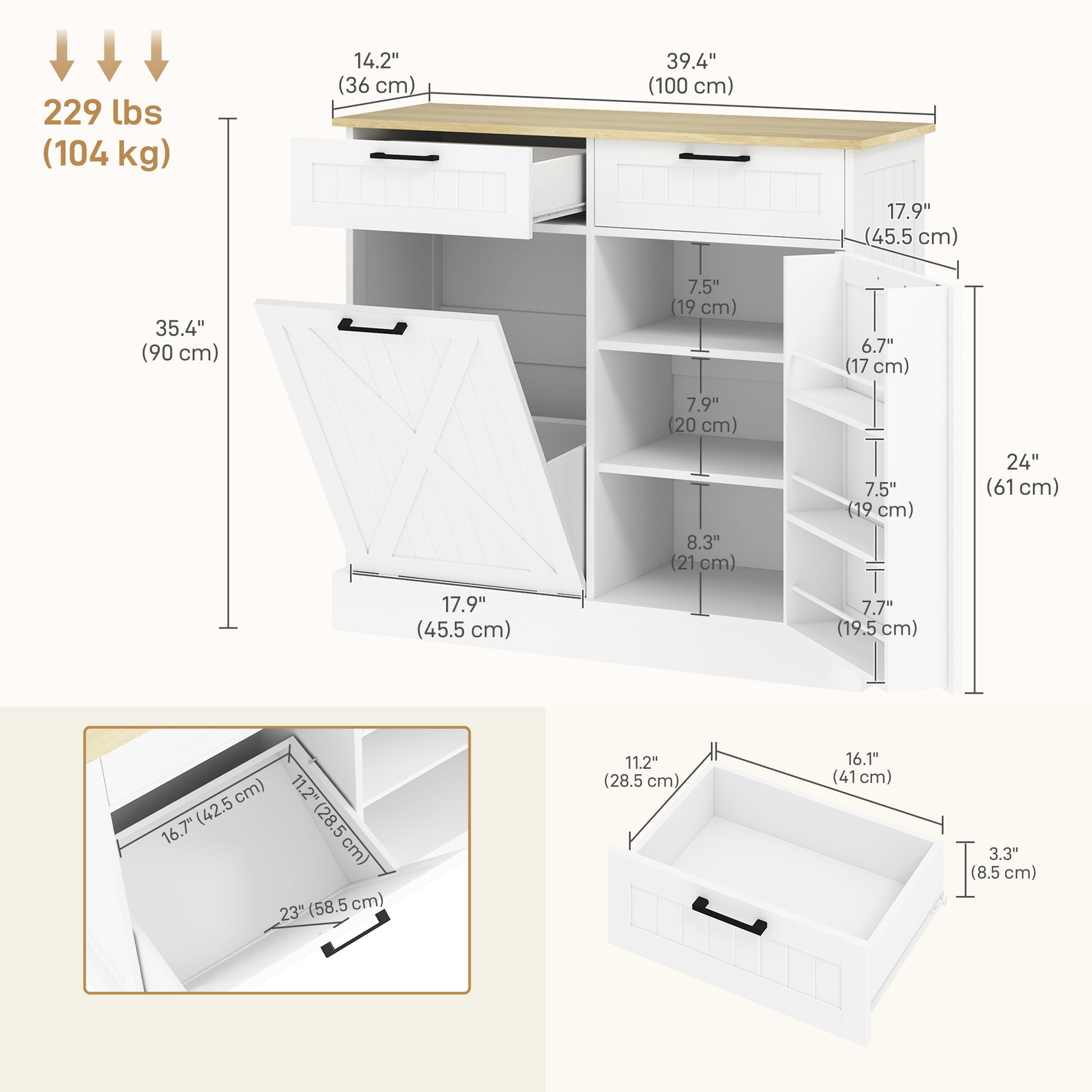 Hidden Garbage Bin Cabinet, Tilt Out Trash Cabinet w/ 2 Drawers, Freestanding Kitchen Island for Laundry, White Bar Cabinets   at Gallery Canada