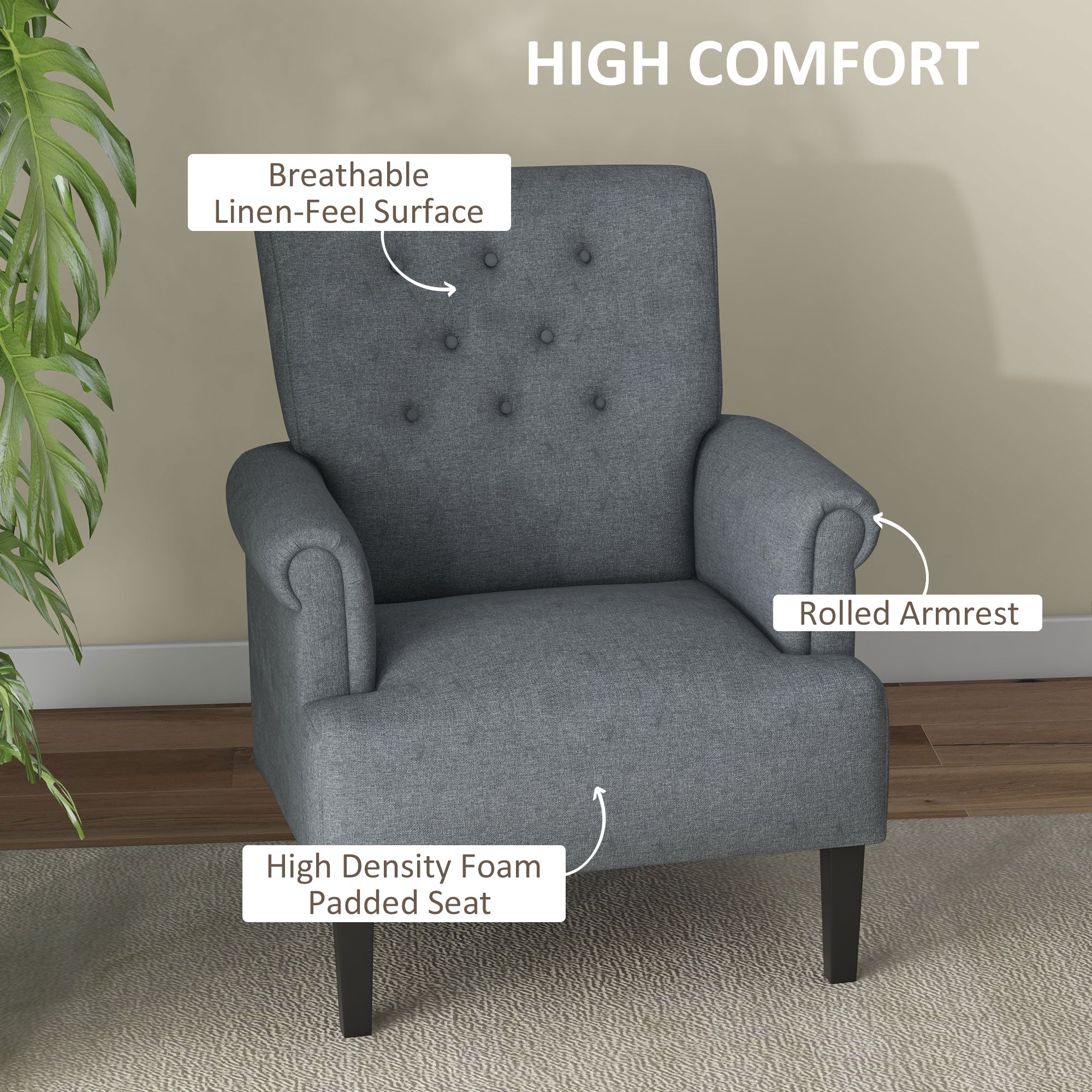 Armchair, Fabric Accent Chair, Modern Living Room Chair with Wood Legs and Rolled Arms for Bedroom, Grey Single Sofas   at Gallery Canada