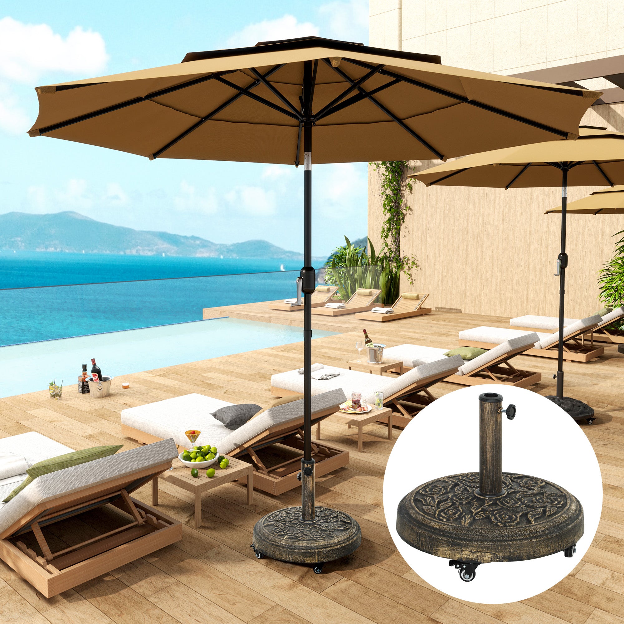 Round Patio Umbrella Base, 46 lbs Resin Umbrella Stand with Wheels, Outdoor Umbrella Stand for 1.3