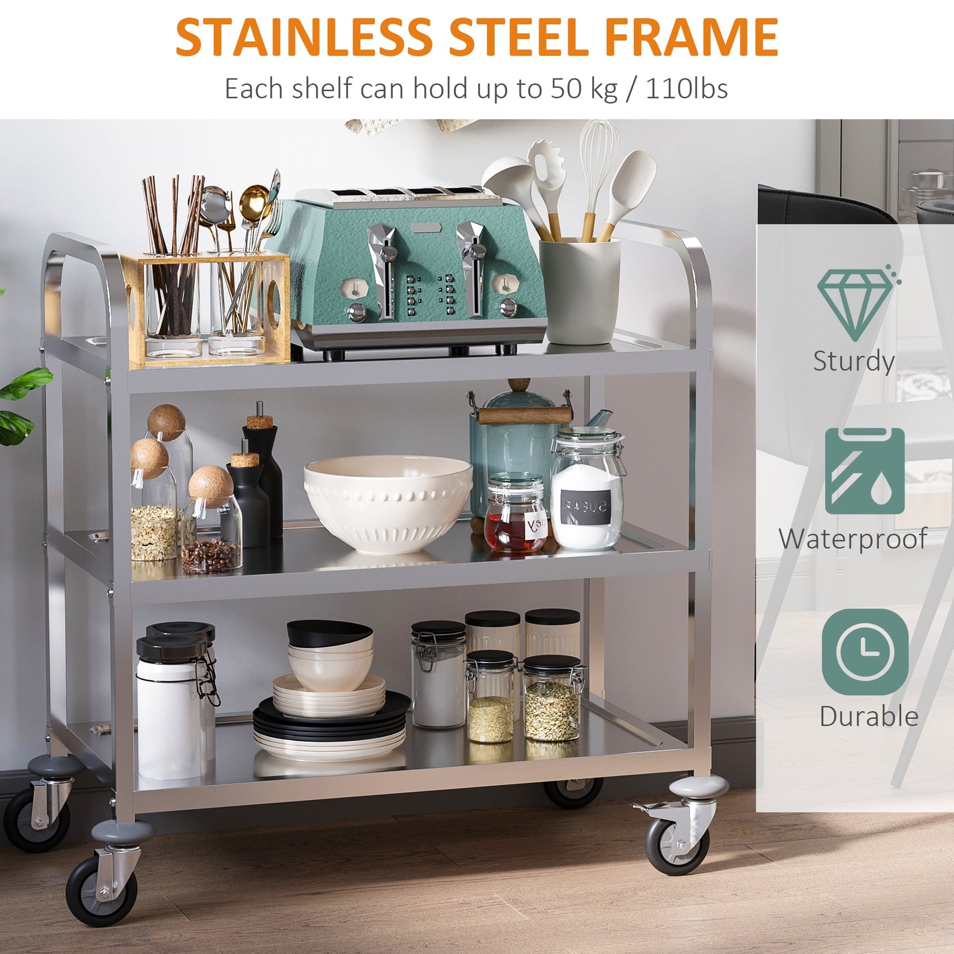 Stainless Steel 3-Tier Kitchen Trolley, 330LBS Capacity, Rolling Utility Cart, Silver Kitchen Islands & Kitchen Carts   at Gallery Canada