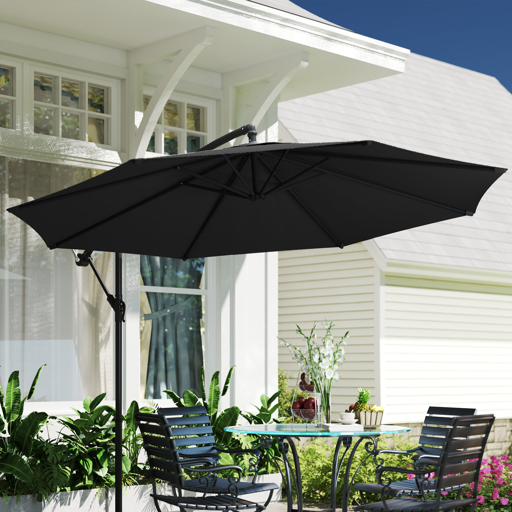 9.7ft Offset Patio Umbrella Garden Hanging Parasol Banana Cantilever Umbrella with Base, Crank, Black Offset Cantilever Umbrellas at Gallery Canada