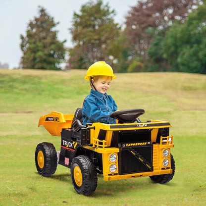 12V Kids Ride On Dump Truck Construction Vehicle w/ Electric Dump Bed, Shovel, Spring Suspension Wheels Kids Ride On Excavators Yellow  at Gallery Canada