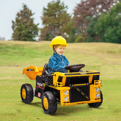 12V Kids Ride On Dump Truck Construction Vehicle w/ Electric Dump Bed, Shovel, Spring Suspension Wheels