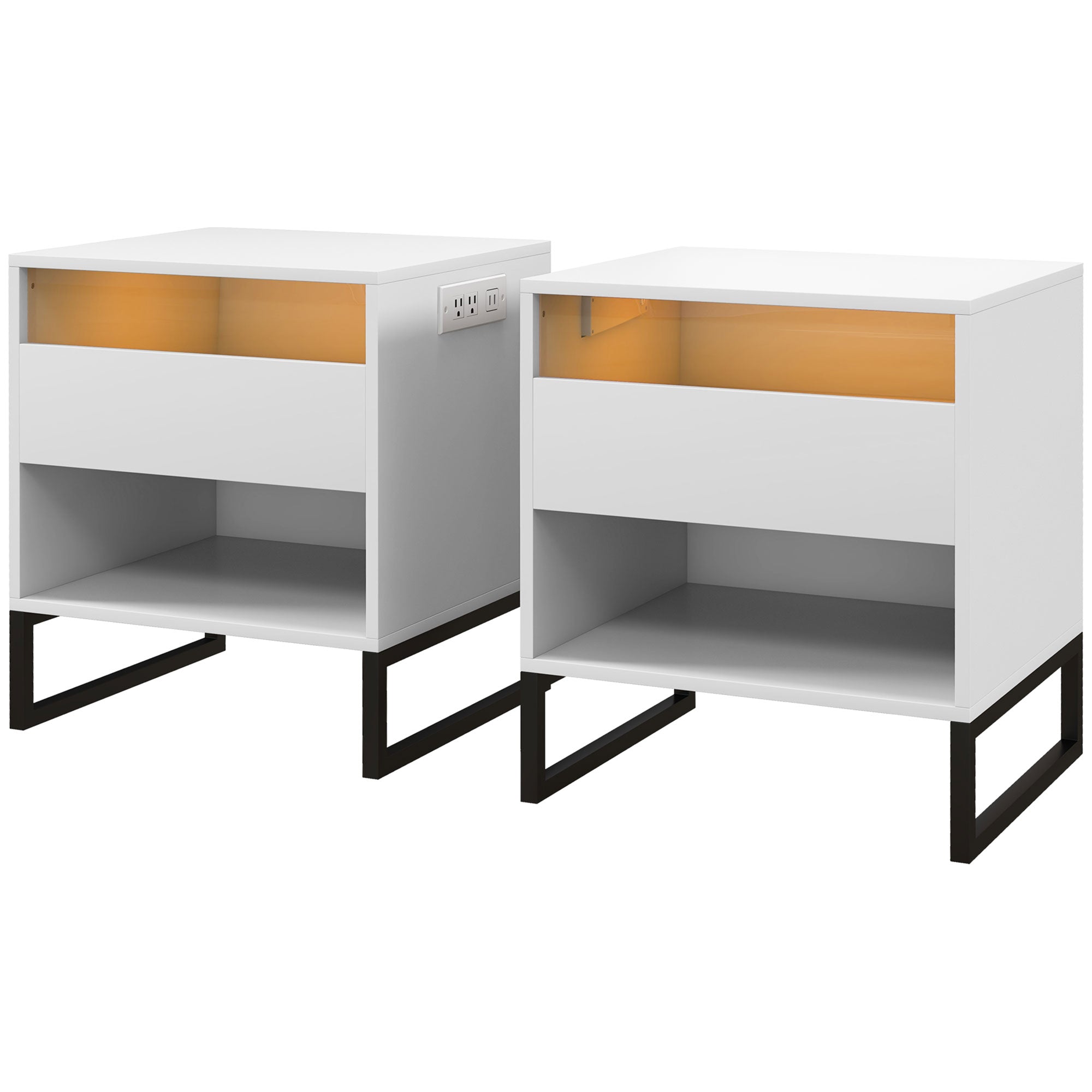 Bedside Table Set of 2, Side End Tables with Charging Station and USB Ports, LED Lights, 19