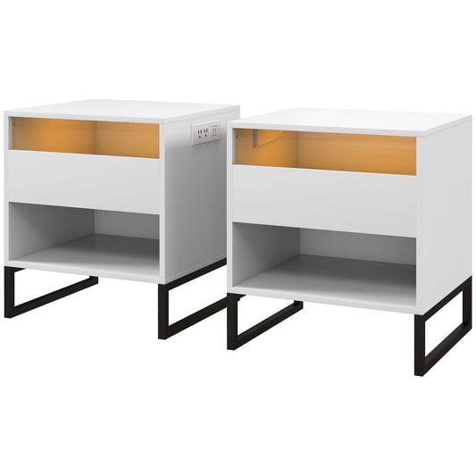 Bedside Table Set of 2, Side End Tables with Charging Station and USB Ports, LED Lights, 19" x 17" x 22", White - Gallery Canada
