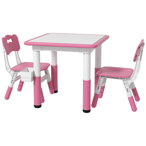 3 Pieces Toddler Table and Chair Set, Height Adjustable Kids Table and Chair Set w/ Storage, for Playroom Pink