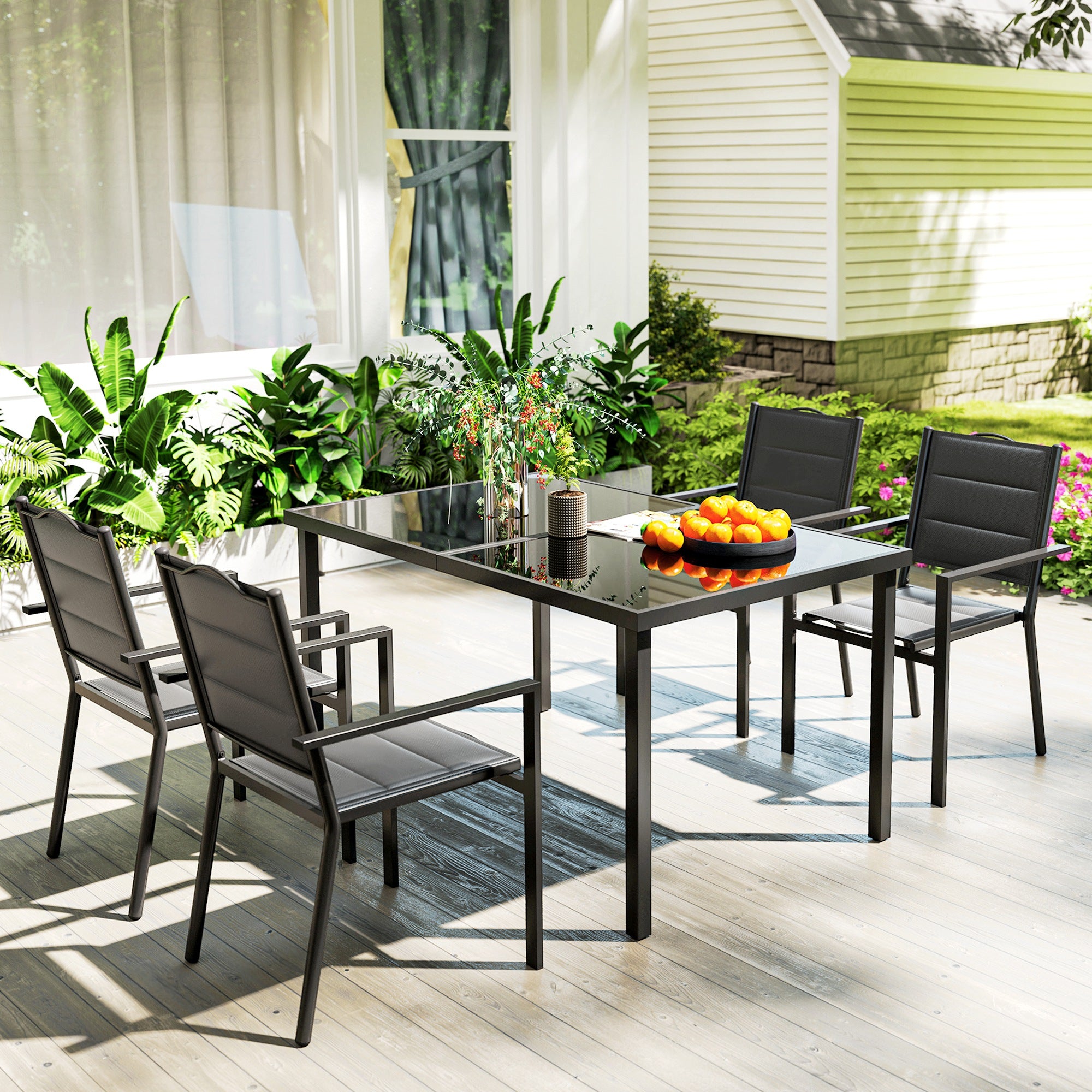 5 Piece Outdoor Dining Set w/ 4 Stackable Chairs, Rectangle Table, Tempered Glass Top, Steel Frame, Black Outdoor Dining Sets at Gallery Canada