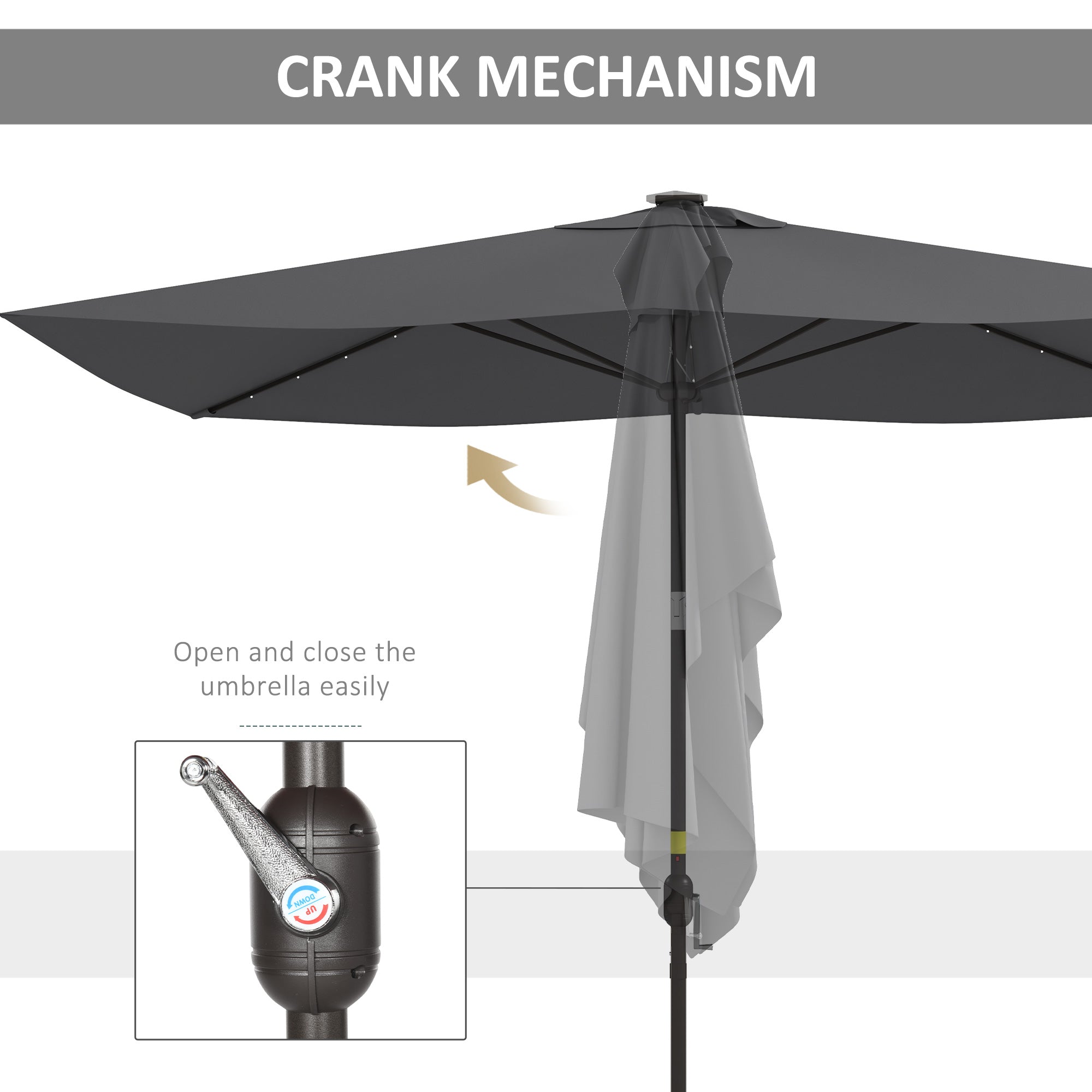 6.5x10ft Patio Umbrella Tilt Aluminum Outdoor Market Parasol with Solar Powered LEDs, Crank - Dark Grey Sun Umbrellas at Gallery Canada