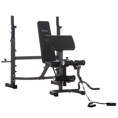 Weight Bench Stand with Squat Rack, Adjustable Olympic Bench, Multifunctional Arm Curl Pad, Leg Extension, Grey