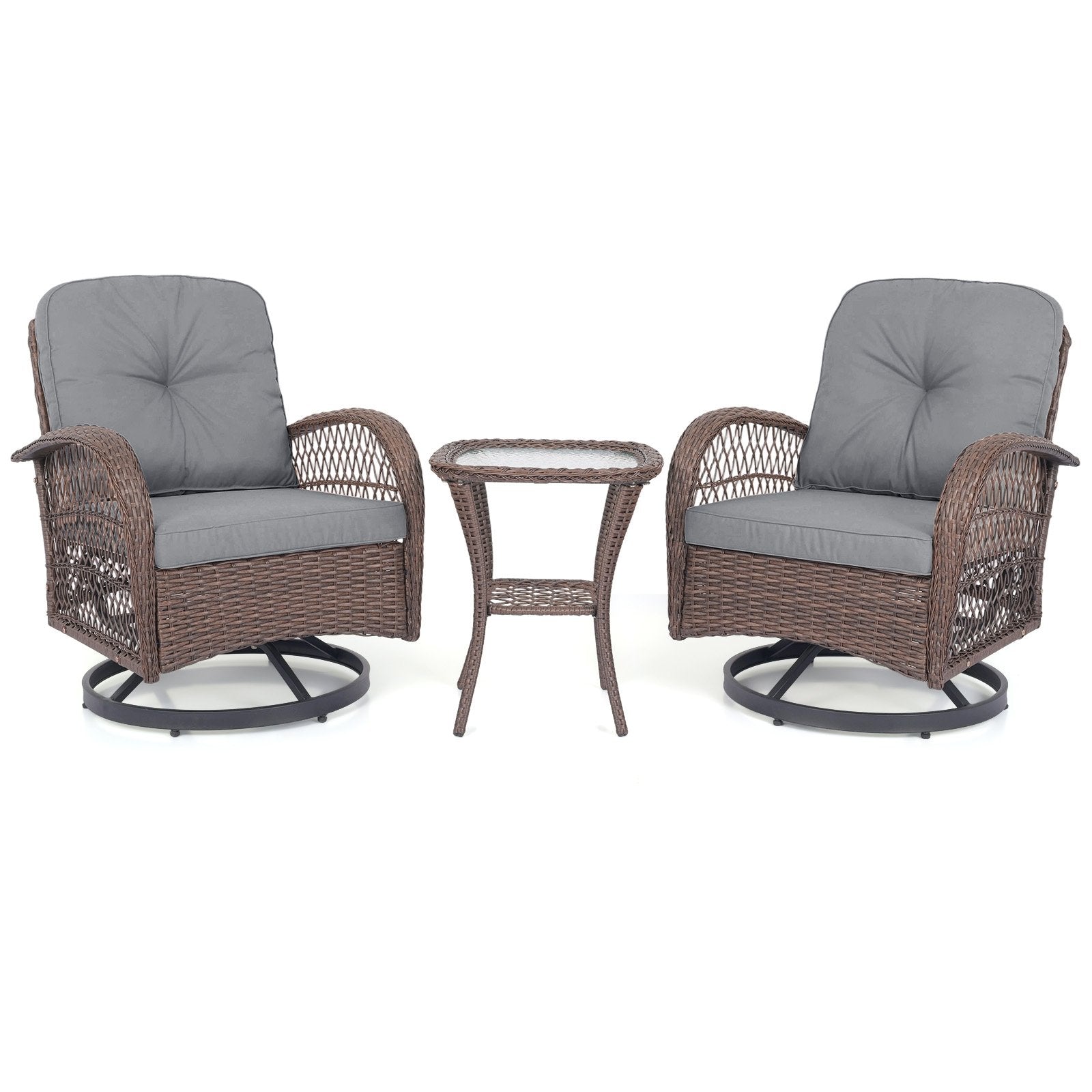 3 Piece Patio Swivel Rocker Set with Tempered Glass Side Table and Thick Cushions, Gray Patio Rocking Chairs & Gliders Gray at Gallery Canada