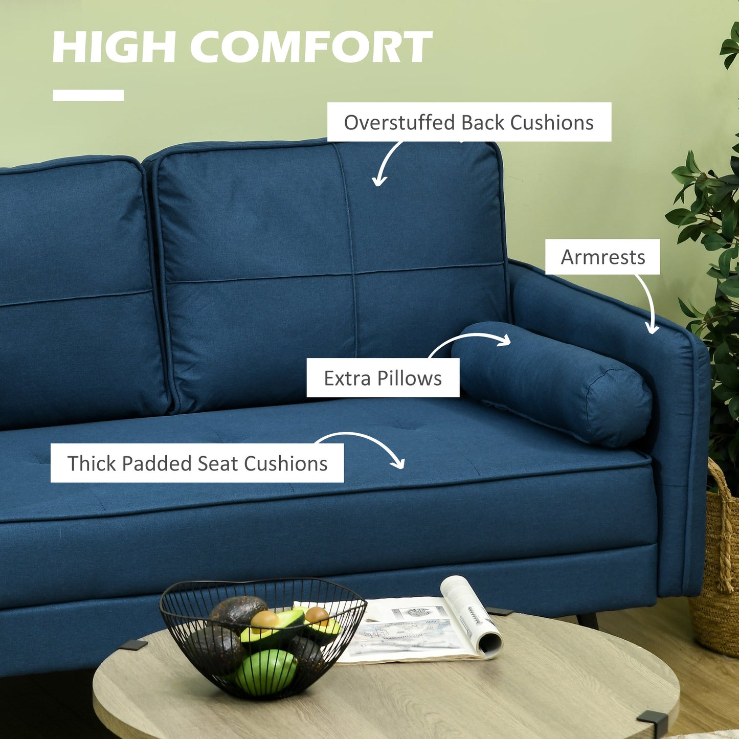 56" Loveseat Sofa for Bedroom Upholstered 2 Seater Couch with Back Cushions and Pillows, Blue 2-Seater Sofas   at Gallery Canada