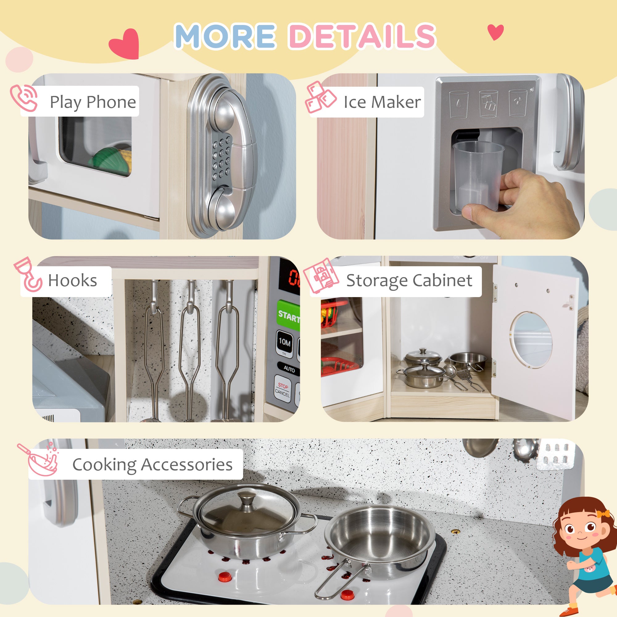 Wooden Play Kitchen with Lights Sounds, Corner Kids Kitchen Playset with Play Phone, Ice Maker, Microwave, Range Hood, Refrigerator, Utensils, Gift for Ages 3-6 Years Old, White Play Kitchen at Gallery Canada