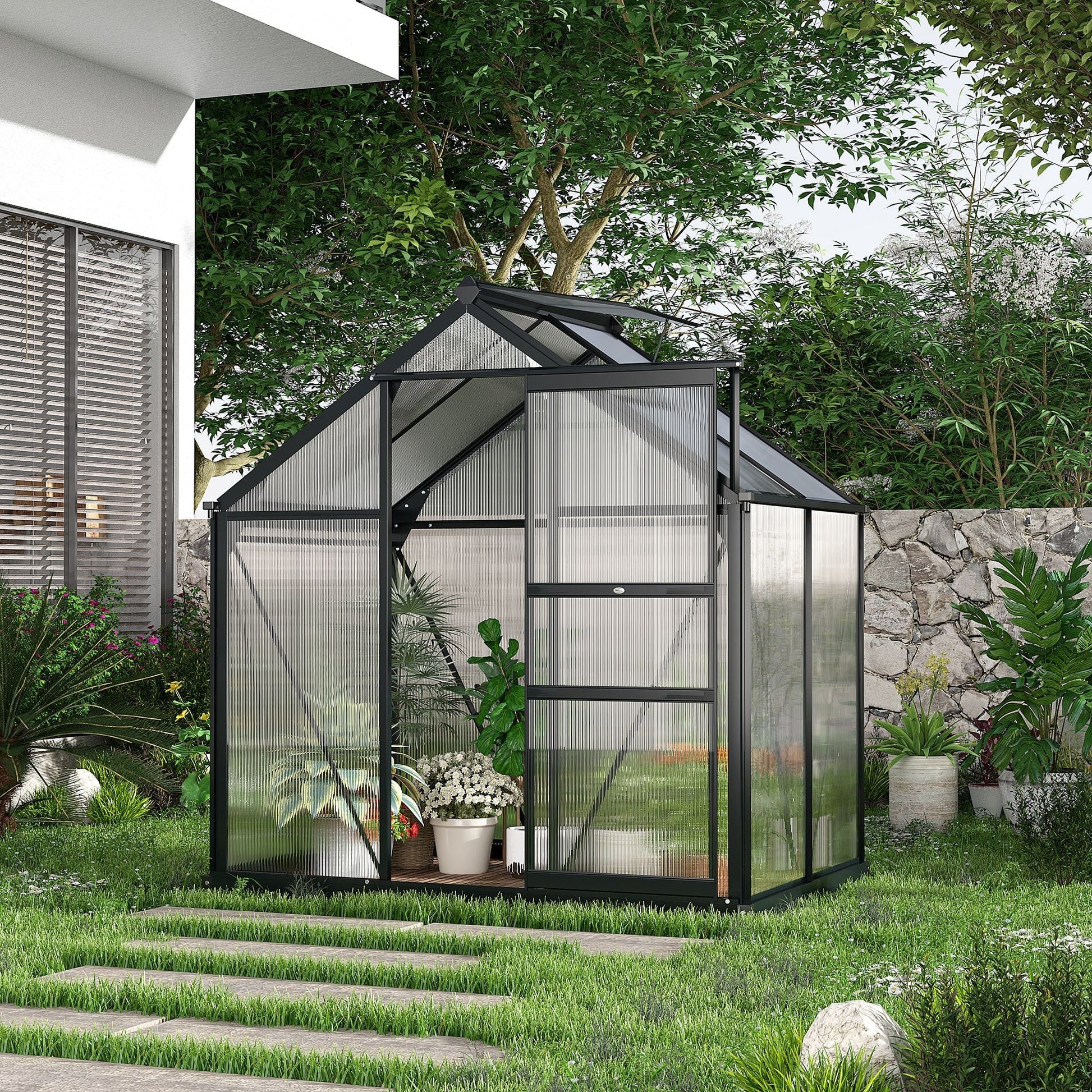 Greenhouse Garden Green House Outdoor Greenhouse Kit PC Board with Sliding Door, 6.2' x 4.3' x 6.6' Grey Walk In Greenhouses   at Gallery Canada