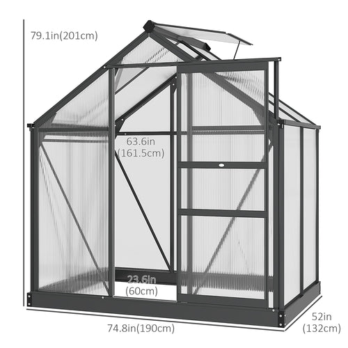 Greenhouse Garden Green House Outdoor Greenhouse Kit PC Board with Sliding Door, 6.2' x 4.3' x 6.6' Grey