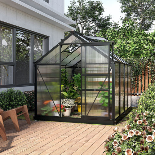 Greenhouse Garden Green House Outdoor Greenhouse Kit PC Board with Sliding Door, 6.2' x 8.3' x 6.6' Grey