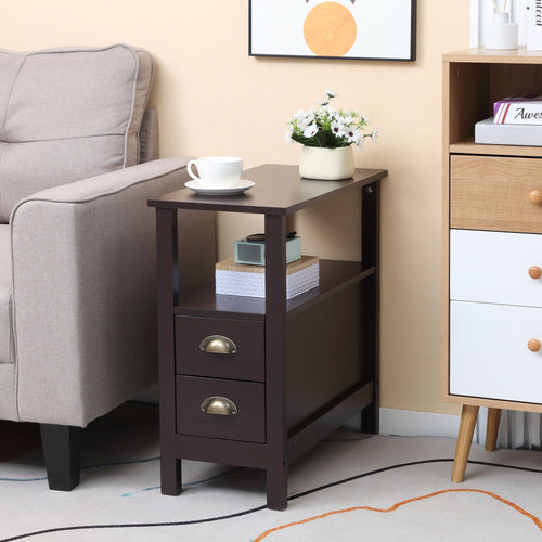 Slim End Table with 2 Drawers and Storage Shelf, Sofa Side Table for Living Room, Narrow Nightstand, Coffee