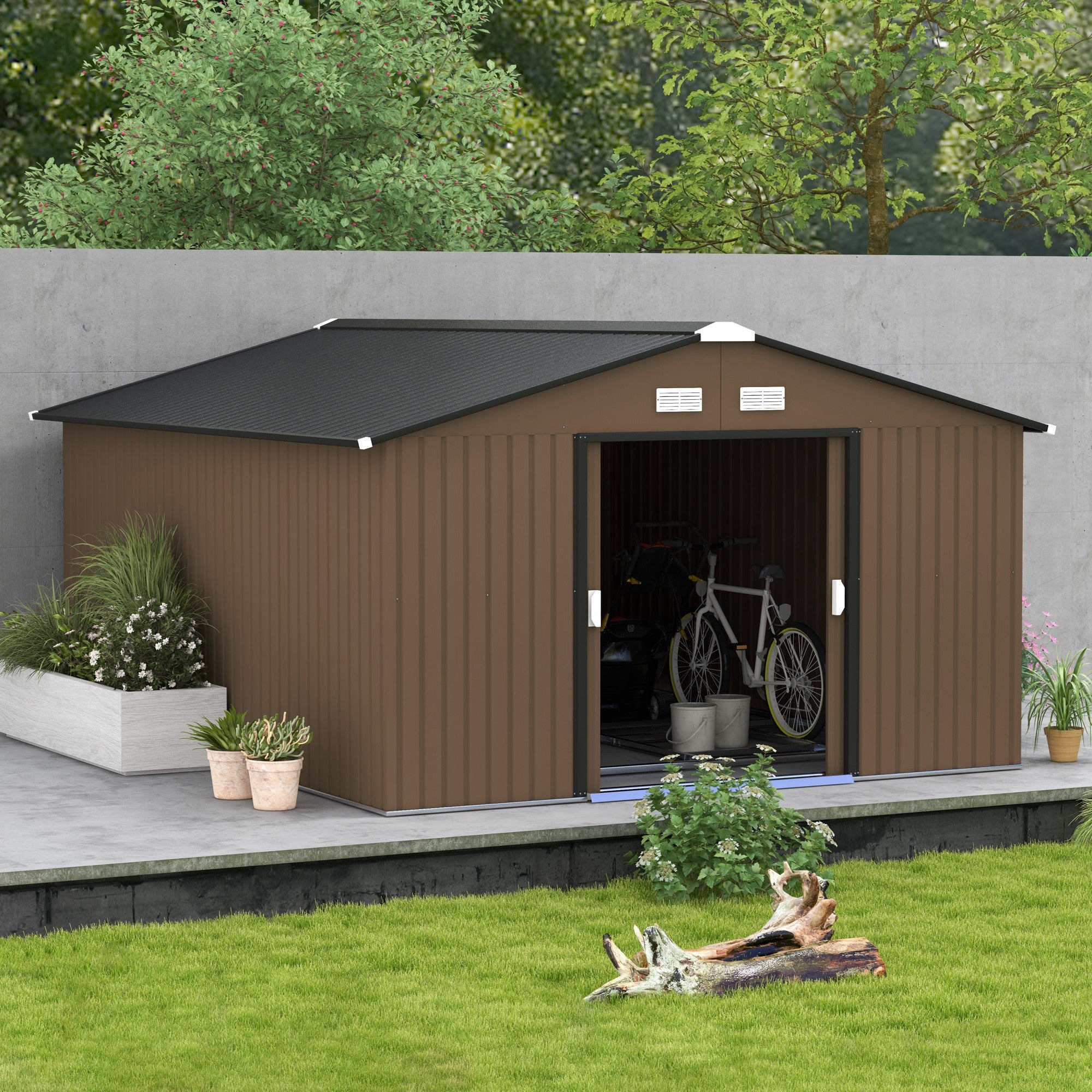 11' x 13' Garden Storage Shed w/ Foundation Kit Metal Tool Storage House w/ Double Doors, Brown Sheds at Gallery Canada