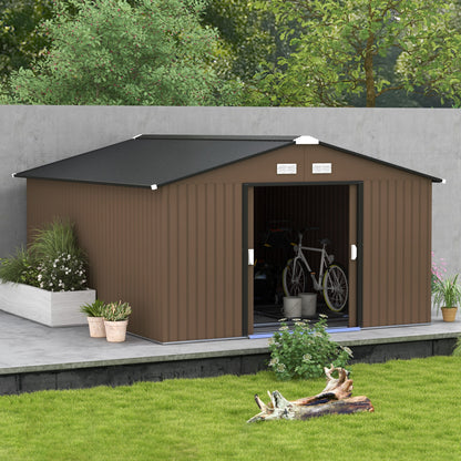 11' x 13' Garden Storage Shed w/ Foundation Kit Metal Tool Storage House w/ Double Doors, Brown Sheds at Gallery Canada