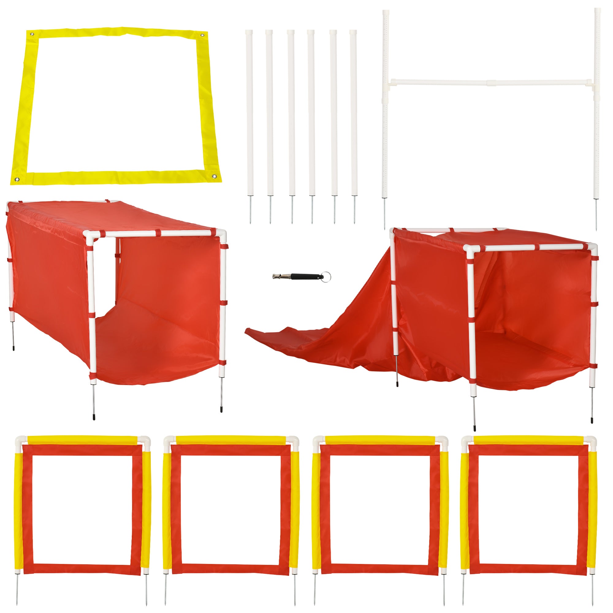 Dog Agility Training Equipment Set with Adjustable Hurdle, Tunnel, Chute, Weave Poles, Pause Box, Panels, Outdoor Obstacle Course Kit with Whistle Dog Agility Training Equipment Red, Gold, White at Gallery Canada