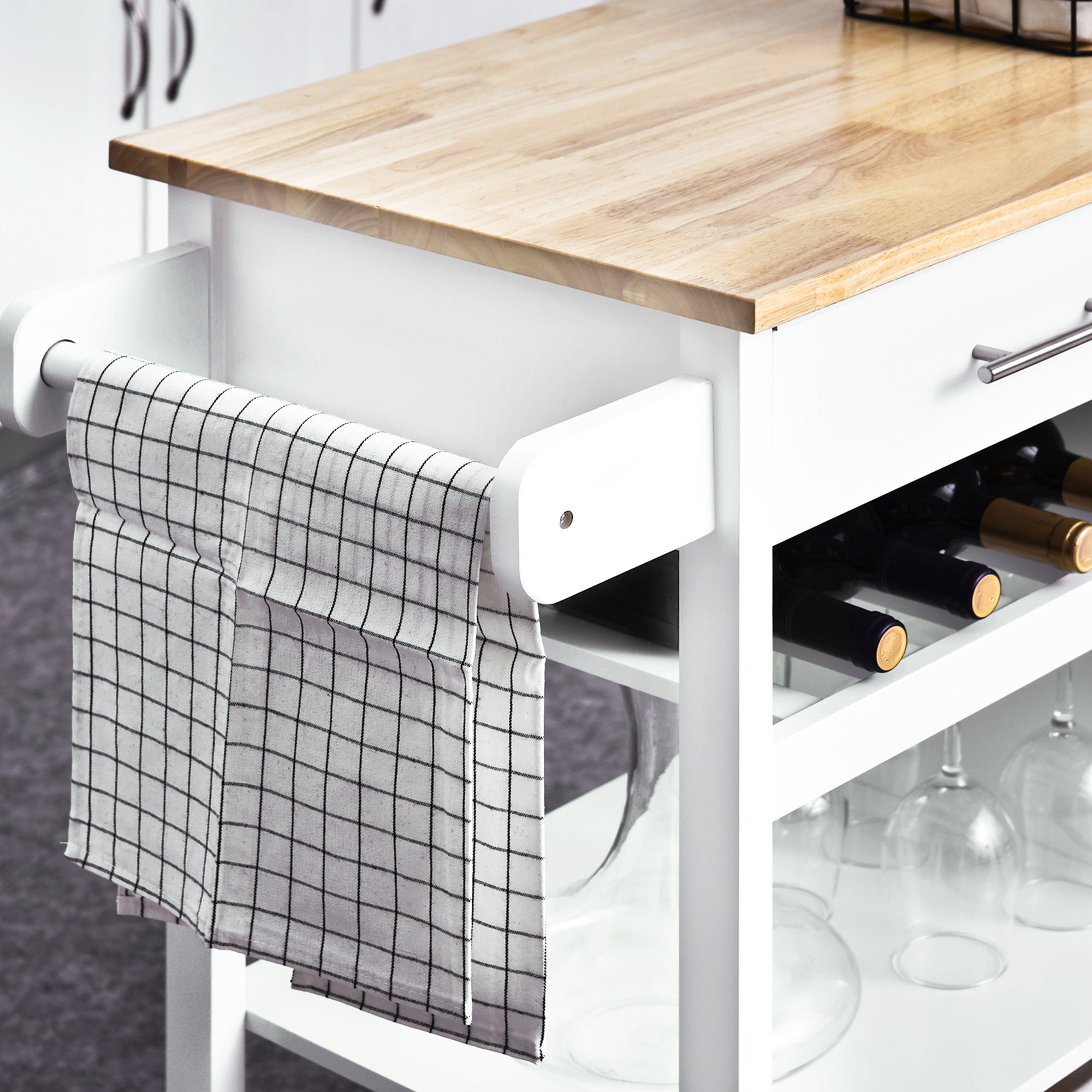 4-Tier Rolling Kitchen Island Utility Trolley Serving Cart Kitchen Storage Cart w/ Towel Rack, Butcher Block Countertop, Cabinet, Drawer, Shelves, White Kitchen Islands & Kitchen Carts at Gallery Canada