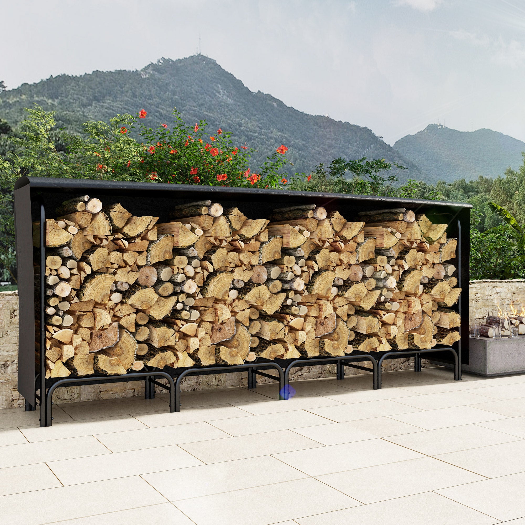 8ft Outdoor Firewood Rack with Cover and Carrier, Adjustable Wood Storage Holder, Indoor Outdoor Log Rack, Black Firewood Racks at Gallery Canada