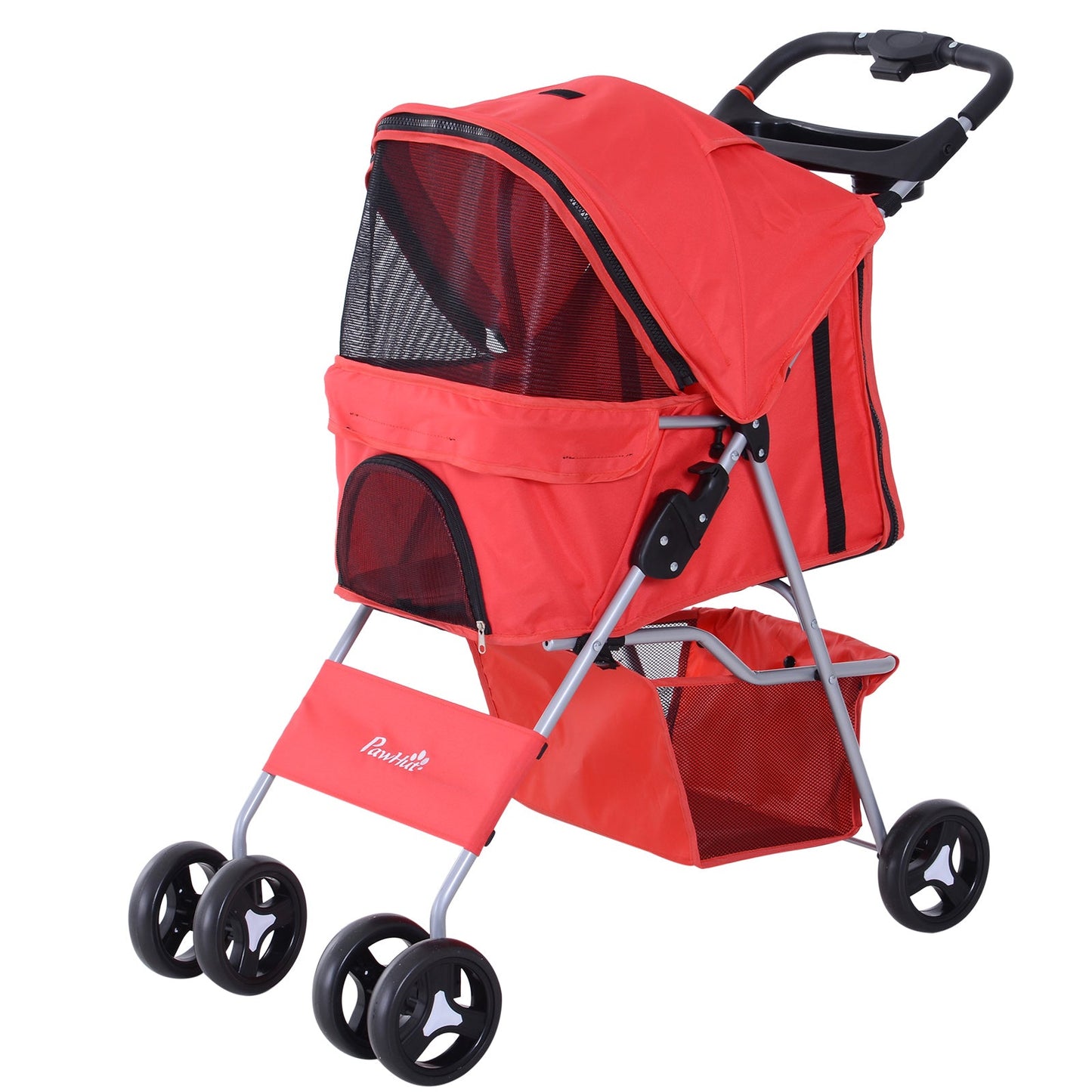 Foldable Pet Stroller Carrier with 4 Wheels, Cup Holder, Storage Basket, Red Dog Bike Trailers & Strollers Red  at Gallery Canada