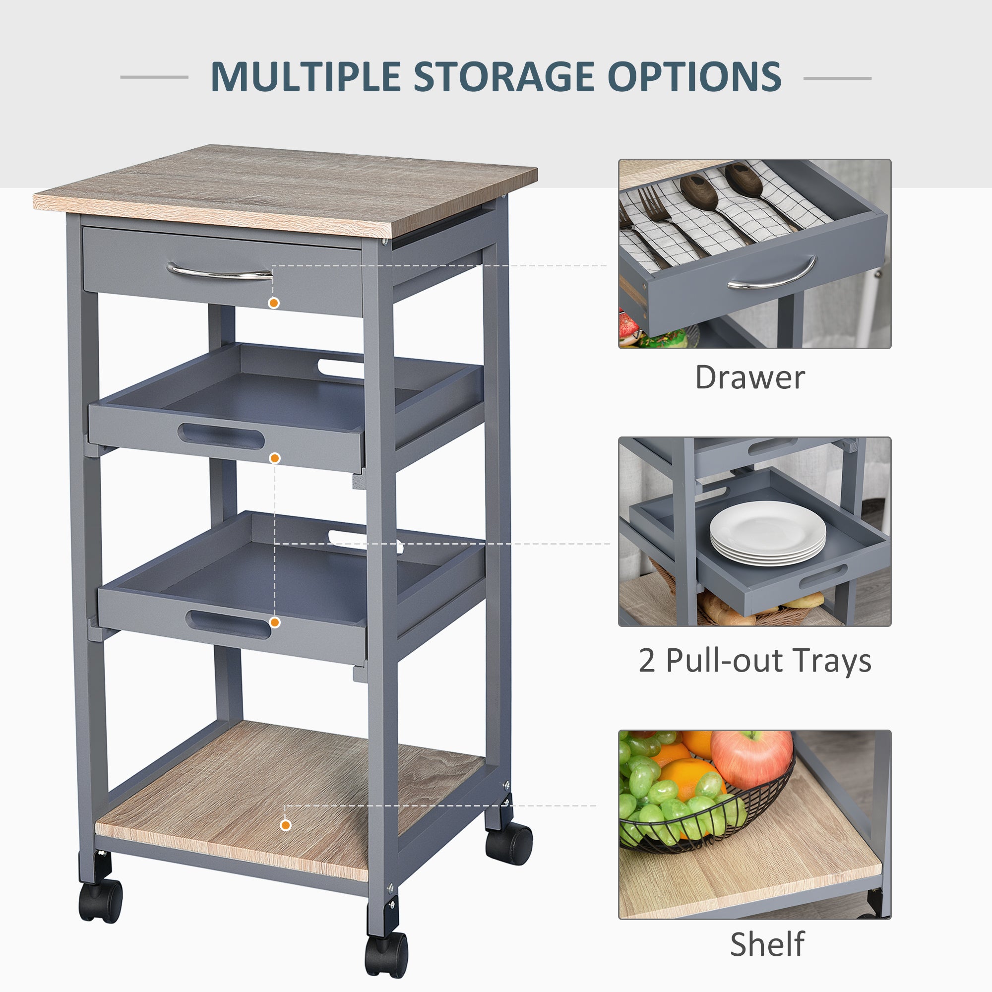 Kitchen Island Rolling Trolley Utility Serving Cart with Drawer Grey Kitchen Islands & Kitchen Carts at Gallery Canada