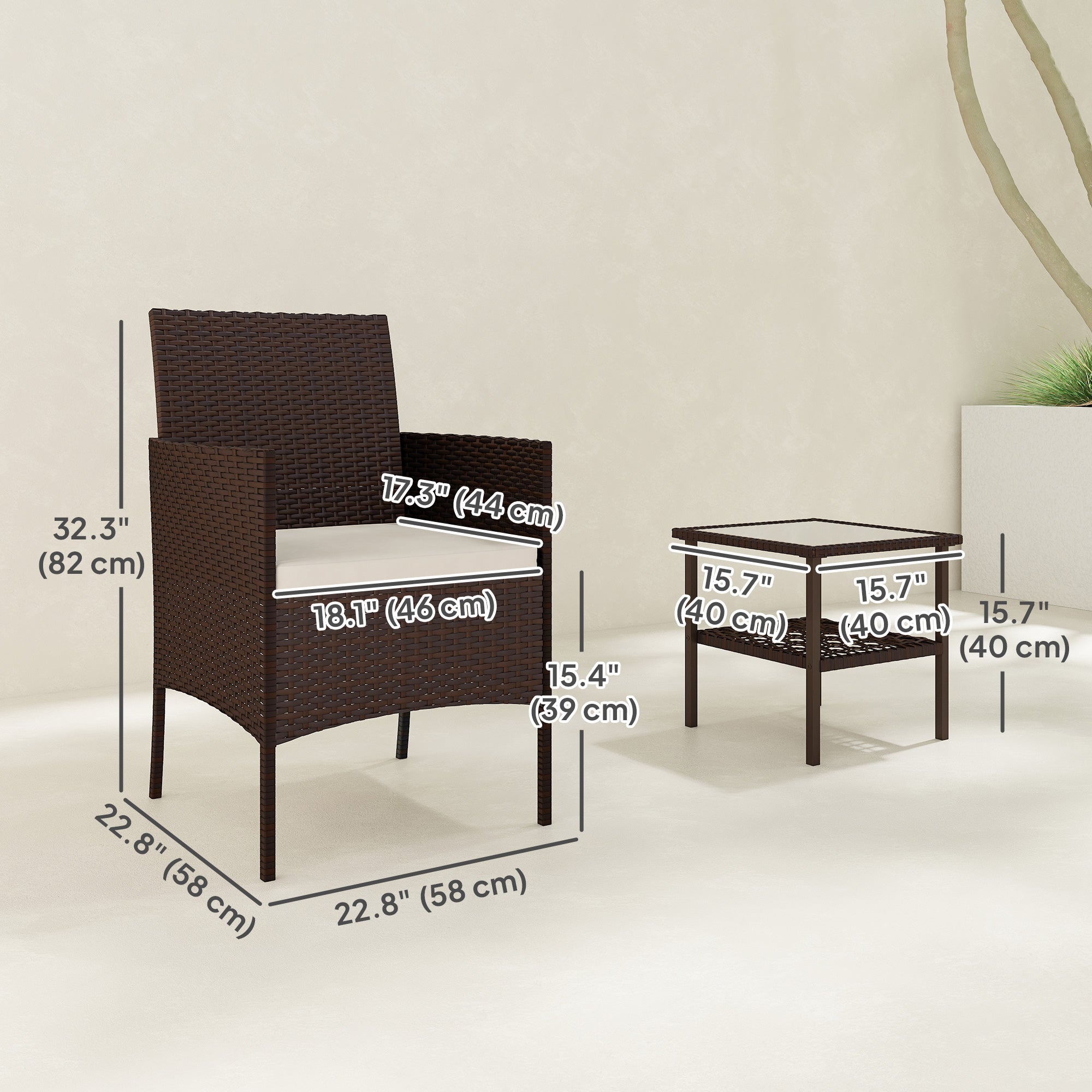 Wicker Bistro Set, 3 Piece Patio Furniture Set with 2-Tier Glass Top Table, Cushions for Balcony, Porch, Beige Bistro Sets at Gallery Canada