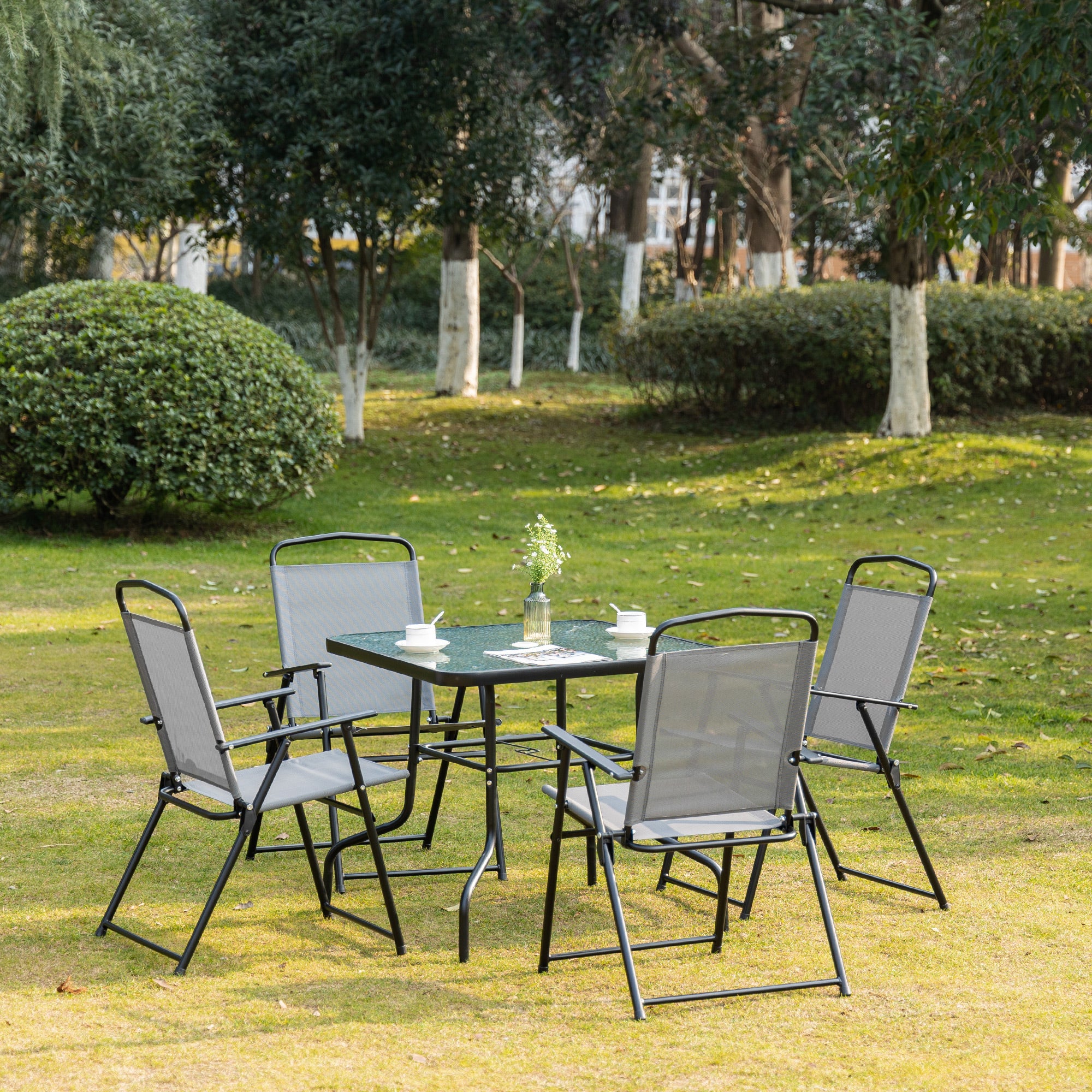 5 Pieces Patio Table and Chairs, Outdoor Dining Set with 4 Folding Chairs, Glass Tabletop and Parasol Hole, Grey Outdoor Dining Sets at Gallery Canada